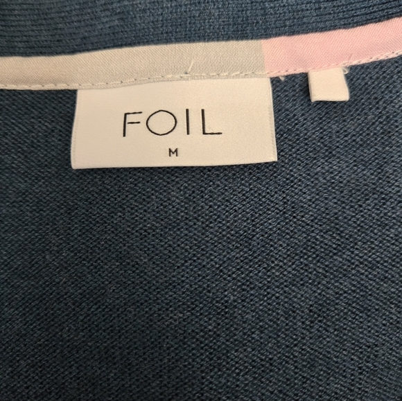 FOIL Blue Merino Wool Blend Sweater with Chiffon Pastel Multicolor Back. Medium - Picture 7 of 9